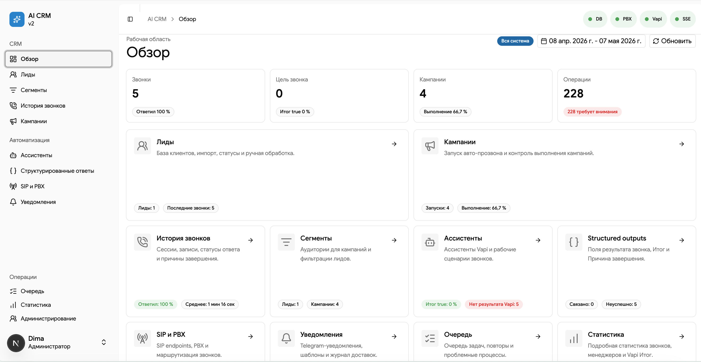 Светлая тема дашборда AI CRM с обзором звонков, кампаний и рабочих разделов